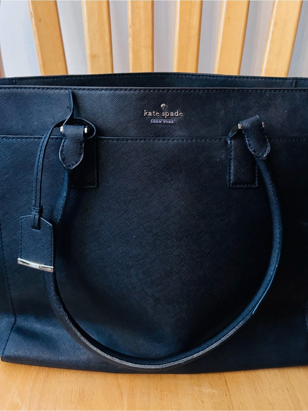 Kate Spade New York Black Leather Laptop Tote | Triple Compartment Work Bag - Picture 2 of 7